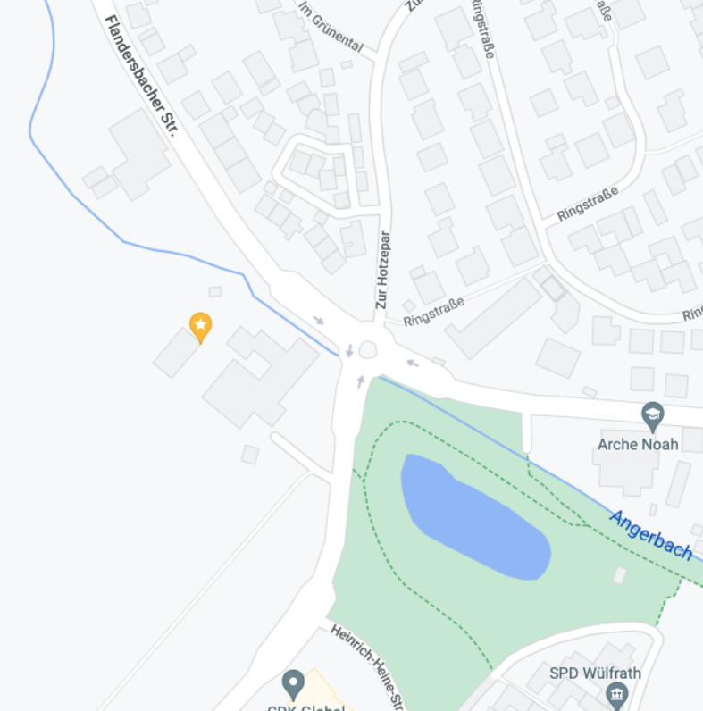 Eine Karte, wo man die Position des Vereinsheim sieht. Es befindet sich auf der Flandersbacher Straße, Ecke Zur Fliethe, direkt am Kreisverkehr